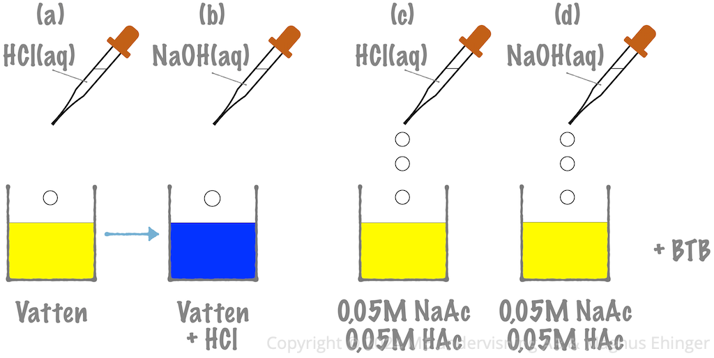I avjonat vatten med BTB (a, b) ändras pH kraftigt även vid tillsats av en liten mängd saltsyra- eller natriumhydroxidlösning. I en buffert med BTB (c, d) ändras pH knappt, även vid tillsats av relativt stora mängder sur eller basisk lösning.